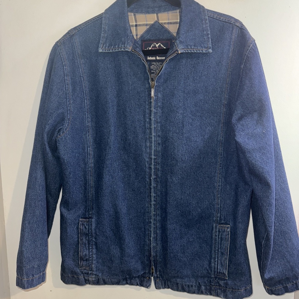 Faded Glory Womens Denim Jacket Dark Wash Plaid Lined Full Zip Size S